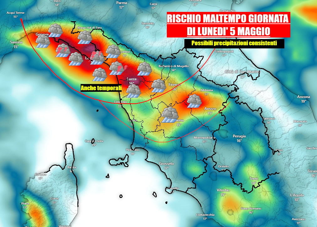 METEO: maltempo con possibilità incisive, piogge consistenti tra Toscana e Liguria lunedì 5 maggio