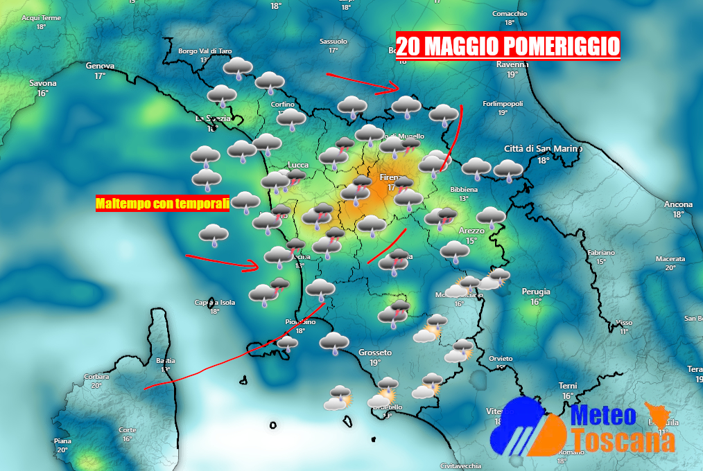 Ancora una SCIABORDATA sul METEO di Maggio: i primi temporali in Toscana nel pomeriggio di domani
