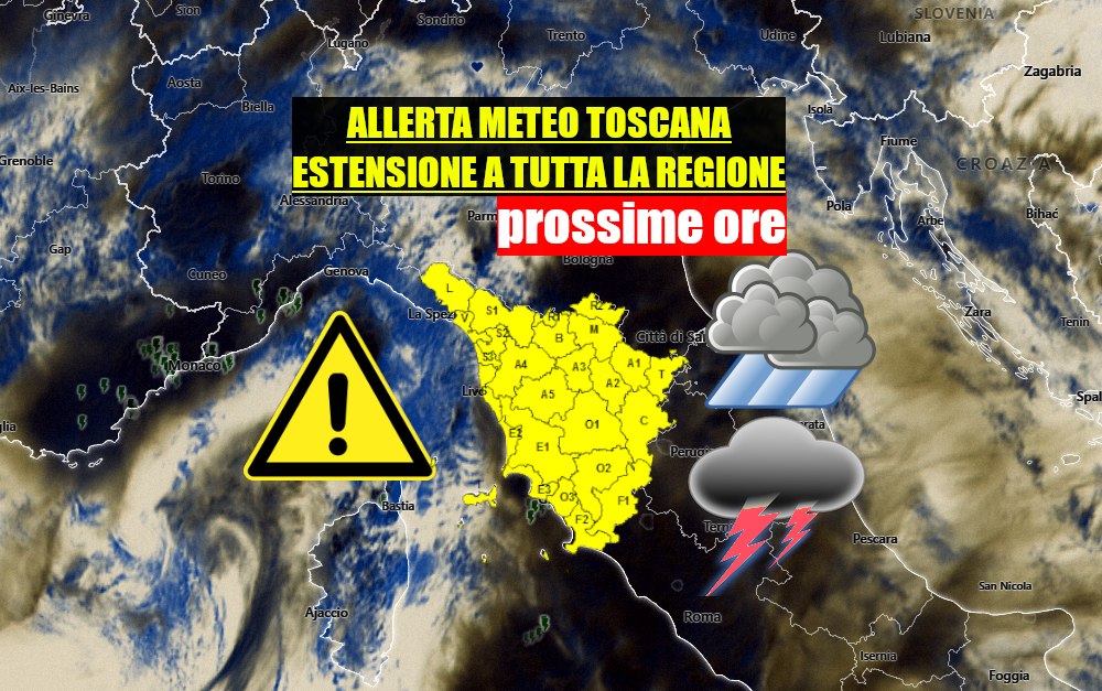 ALLERTA METEO TOSCANA – esteso l’avviso a tutta la Regione – prossime ore di attenzione – temporali in marcia