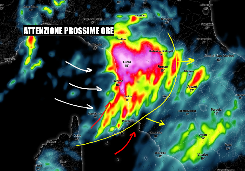 METEO: Forti temporali tra Corsica, Capraia e Gorgona verso le coste di Lucca, Pisa e Livorno – aggiornamenti LIVE Toscana