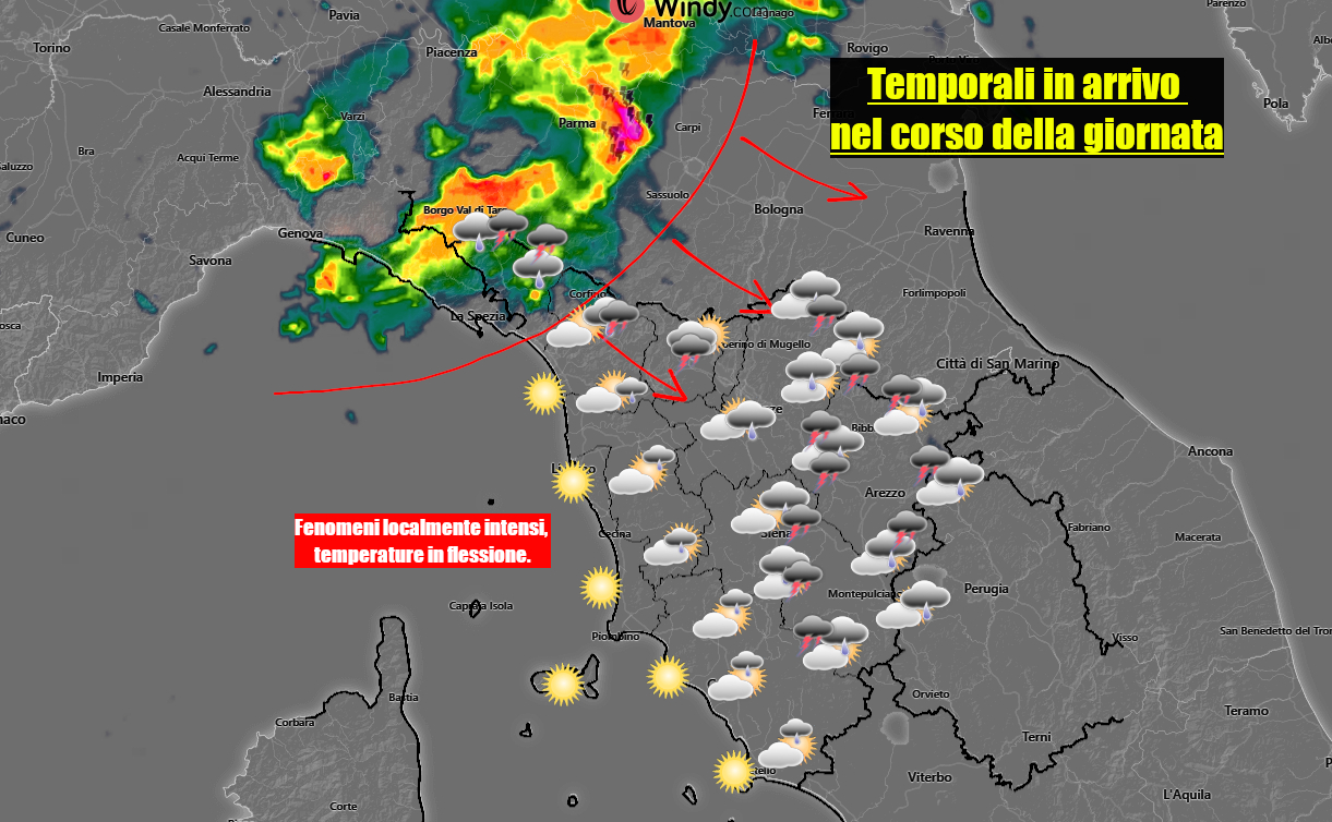 Primi rovesci, anche forti, sul nord della Toscana – peggioramento atteso nelle prossime ore verso sud – meteo Toscana