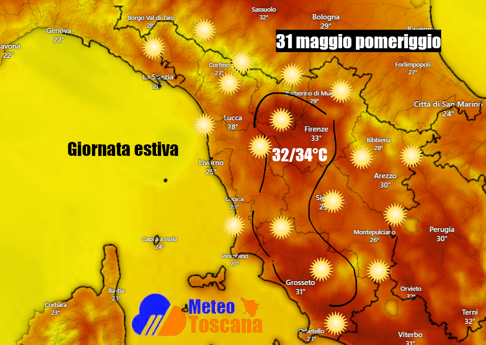 POSSIBILI STRAPPI OLTRE I 33°C – meteo estivo sulla Toscana