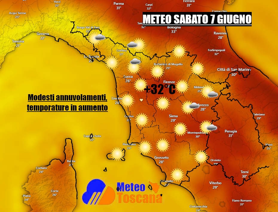 Solo qualche nube sul fine settimana – termometri in salita – caldo più intenso in prospettiva – meteo Toscana